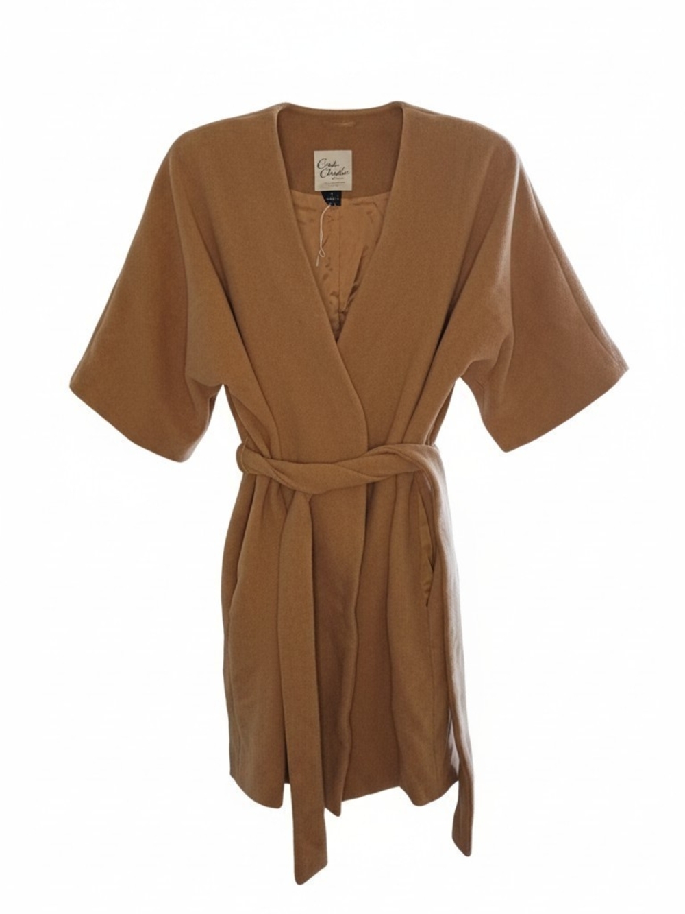 Vintage 100% Wool Kimono Wrap Coat Camel Tan Belted M L USA Made Quiet Luxury